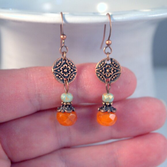 Copper Czech Glass Drop Earrings Boho Chic Dangle Pierced or Clip-on Earrings - Picture 4 of 8